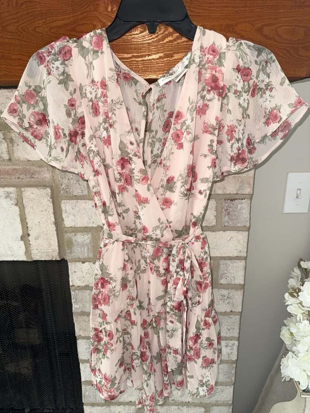 Altar'd State Pink Floral Chiffon Flutter Sleeve Romper